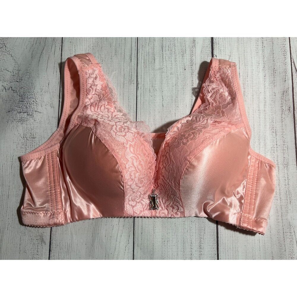 Pink satin lace wireless womens bra 34C